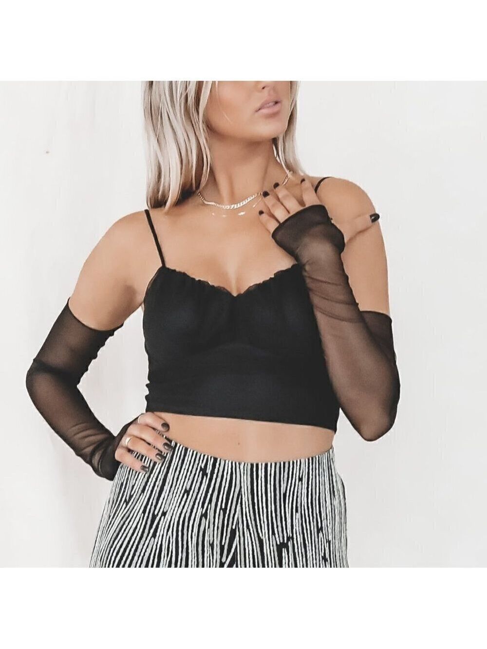 AMAZING LACE Black Mesh Cropped Cami Top & Gloves